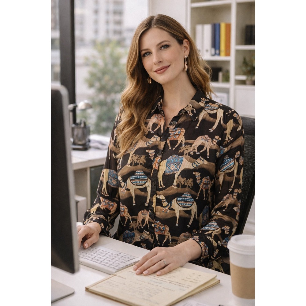 Professional Career Animal J McLaughlin Black Camel Button‎ Down M Silk Blouse